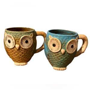 Gibson Home Glazed Stoneware Owl Mug Pair Green & Blue 5” 20 Oz.